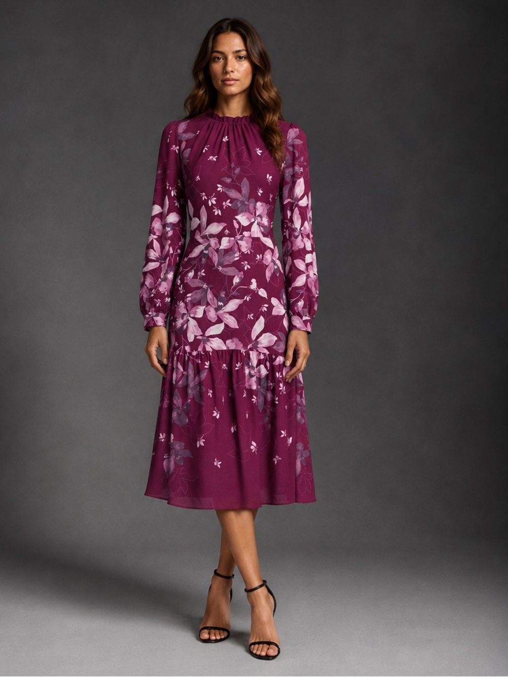 Maggy London Plum Floral Long Sleeve Midi Dress NWT Size 4